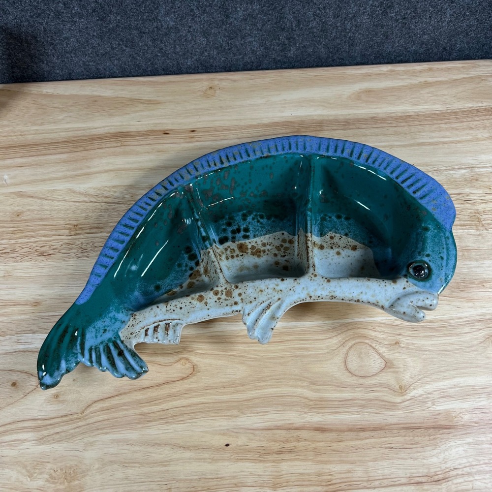 Tom Chamberlain Pottery Fish Divided Serving Dish Teal Blue Speckled Ceramic 14"
